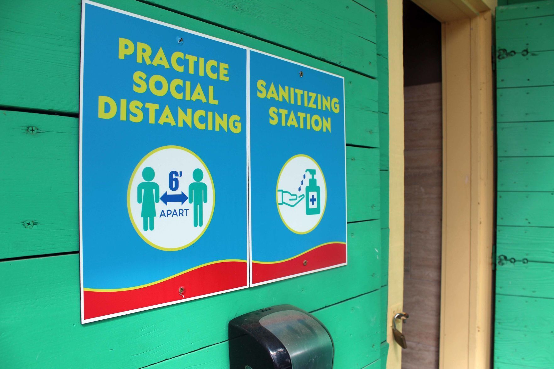 Social distance and hand sanitizing station at Noah's Ark in Dells